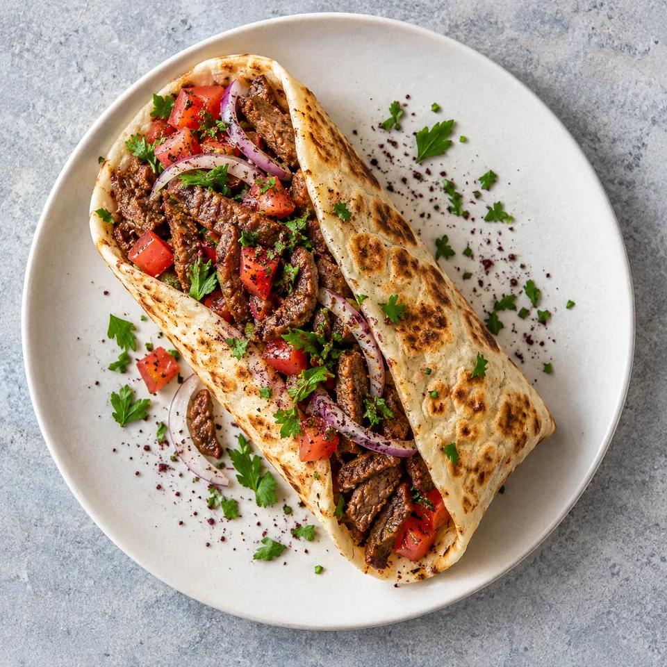 Tantuni, wrap turc au bœuf et au sumac : galette roulée garnie de viande saisi, tomates et oignons sur assiette blanche.