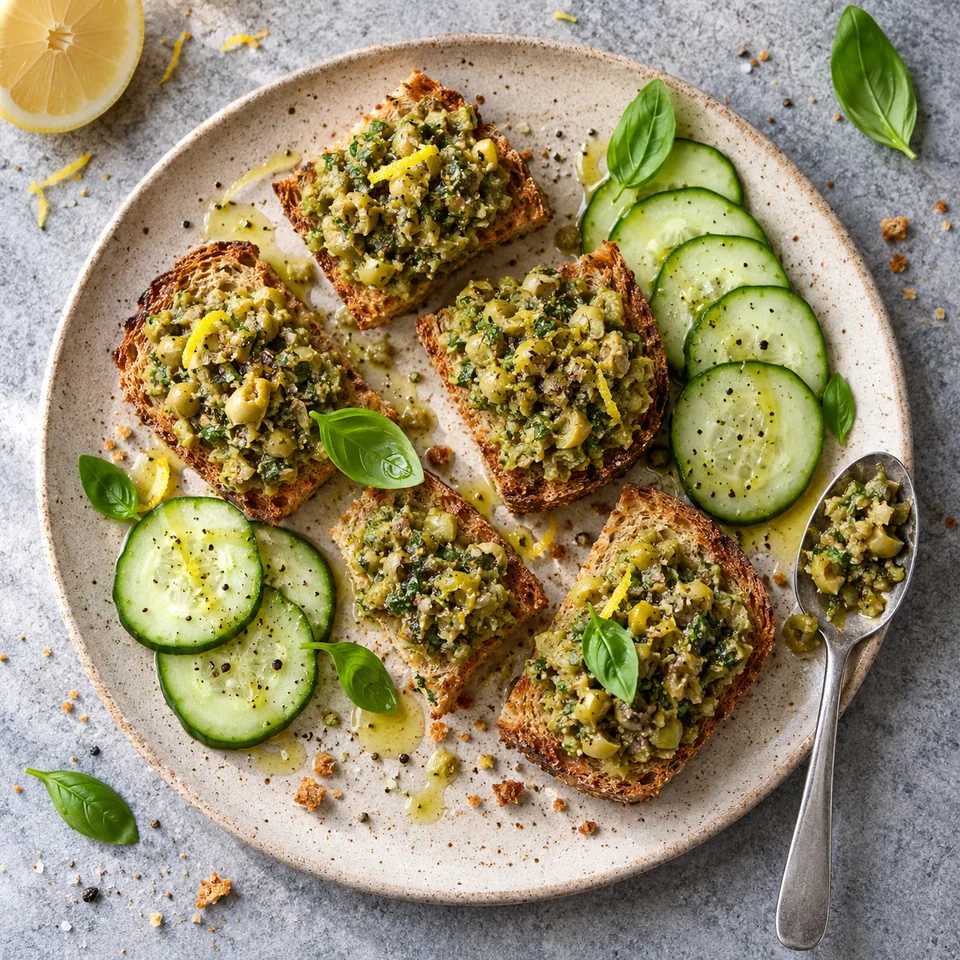 Tapenade d’olives vertes sur toasts de pain complet et rondelles de concombre sur assiette grès beige.