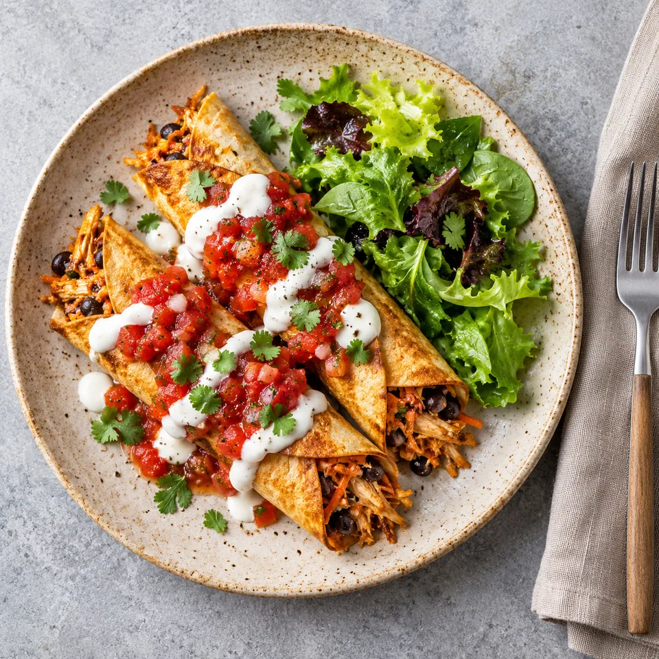 Taquitos de poulet au four, salsa et yaourt : deux rouleaux dorés nappés de salsa rouge et yaourt blanc, accompagnés de salade verte sur assiette beige.