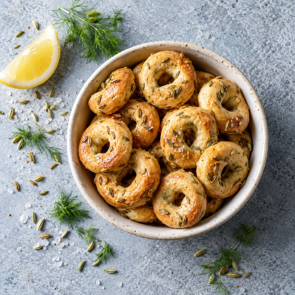 Taralli des Pouilles au fenouil : petits anneaux dorés et croustillants servis dans un bol en céramique blanc cassé.