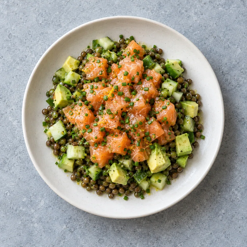 Tartare de saumon, lentilles et avocat en dés, accompagné de concombre et nappé de citron vert.