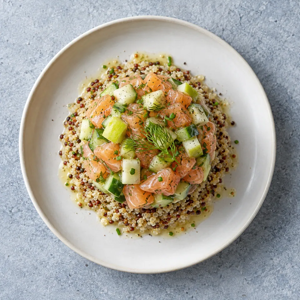 Tartare de truite, quinoa et concombre : dés de truite, concombre et pomme sur un lit de quinoa, parsemés d’herbes.