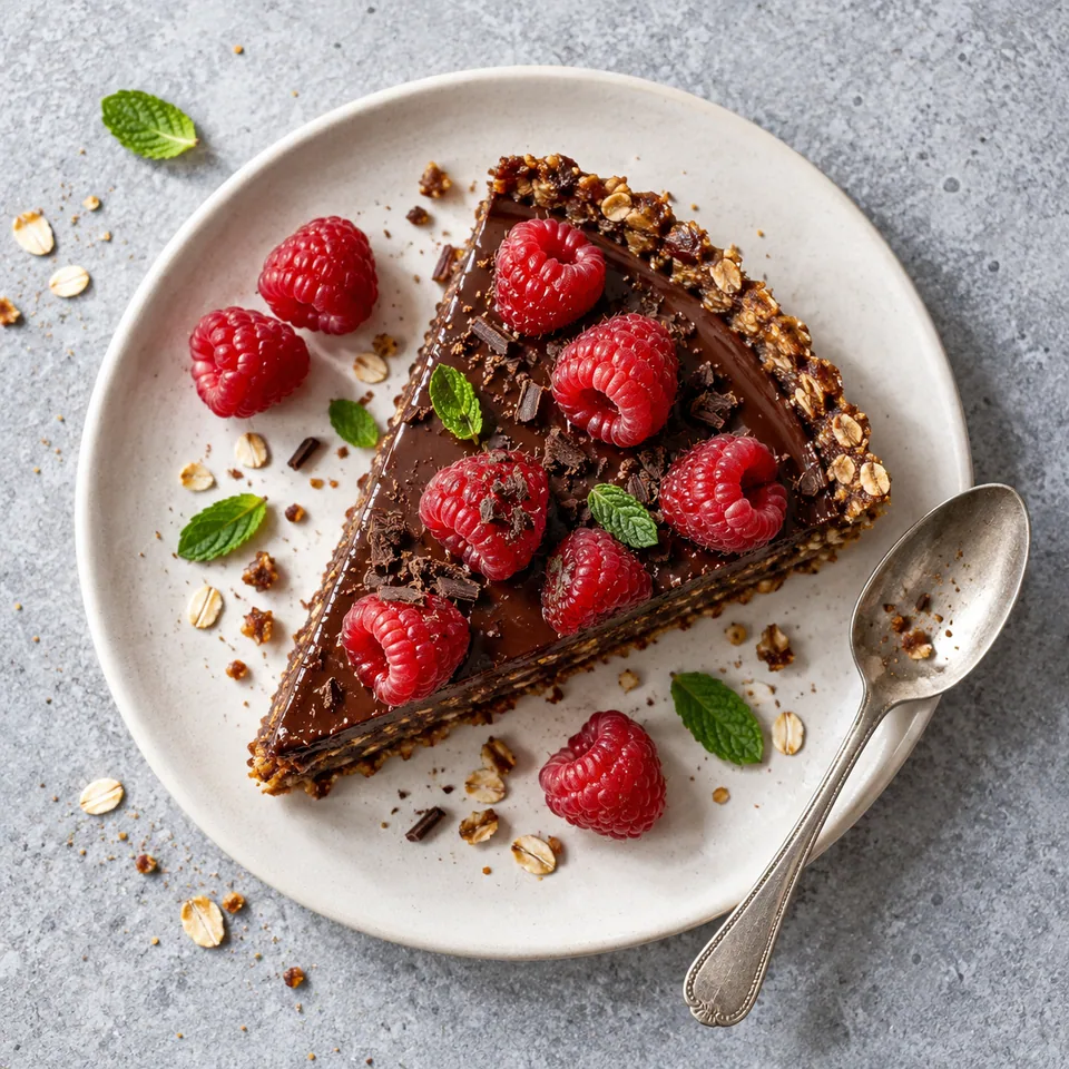 Part de tarte chocolat-framboise sans cuisson sur fond d'avoine, crème chocolatée brillante et framboises rouges.