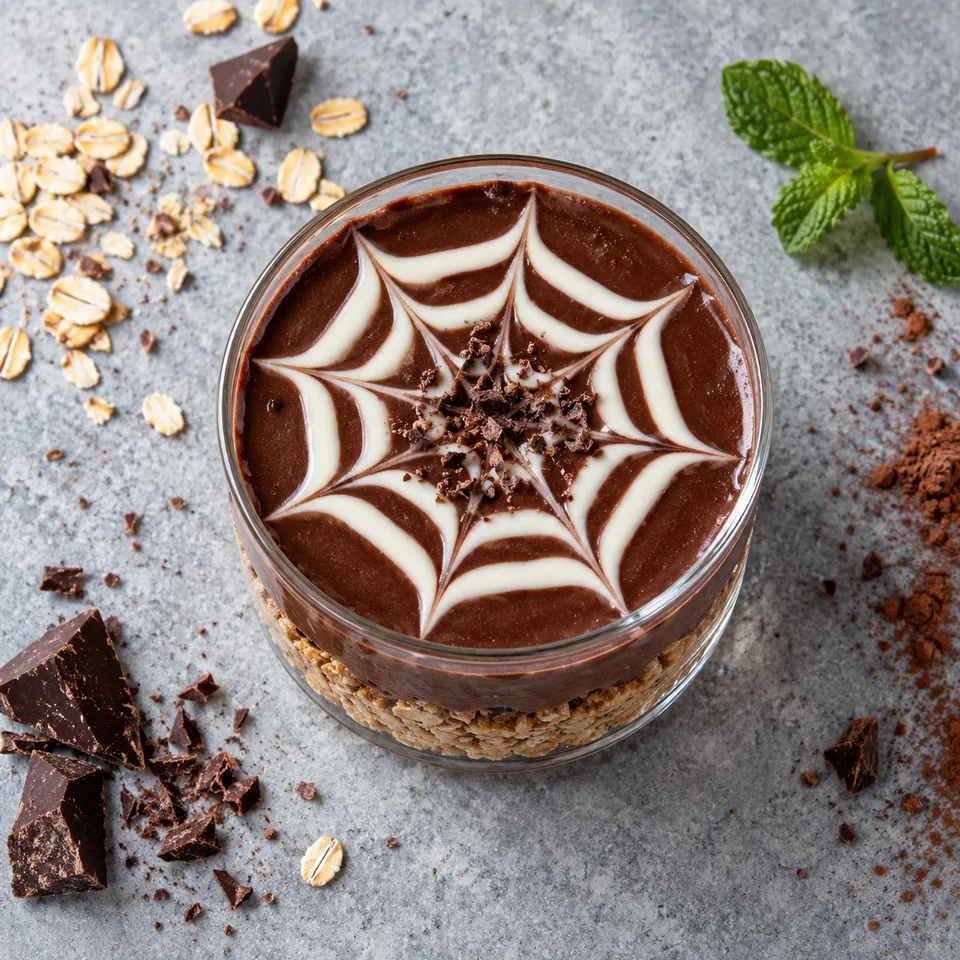 Portion de tarte toile d’araignée au chocolat et fromage blanc dans une verrine, avec sa décoration en spirale.