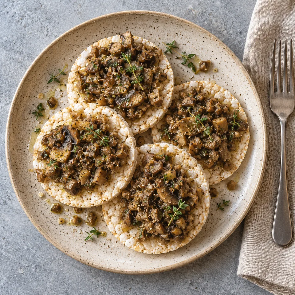 Galettes de riz complètes nappées d'une tartinade de champignons au thym sur une assiette beige.
