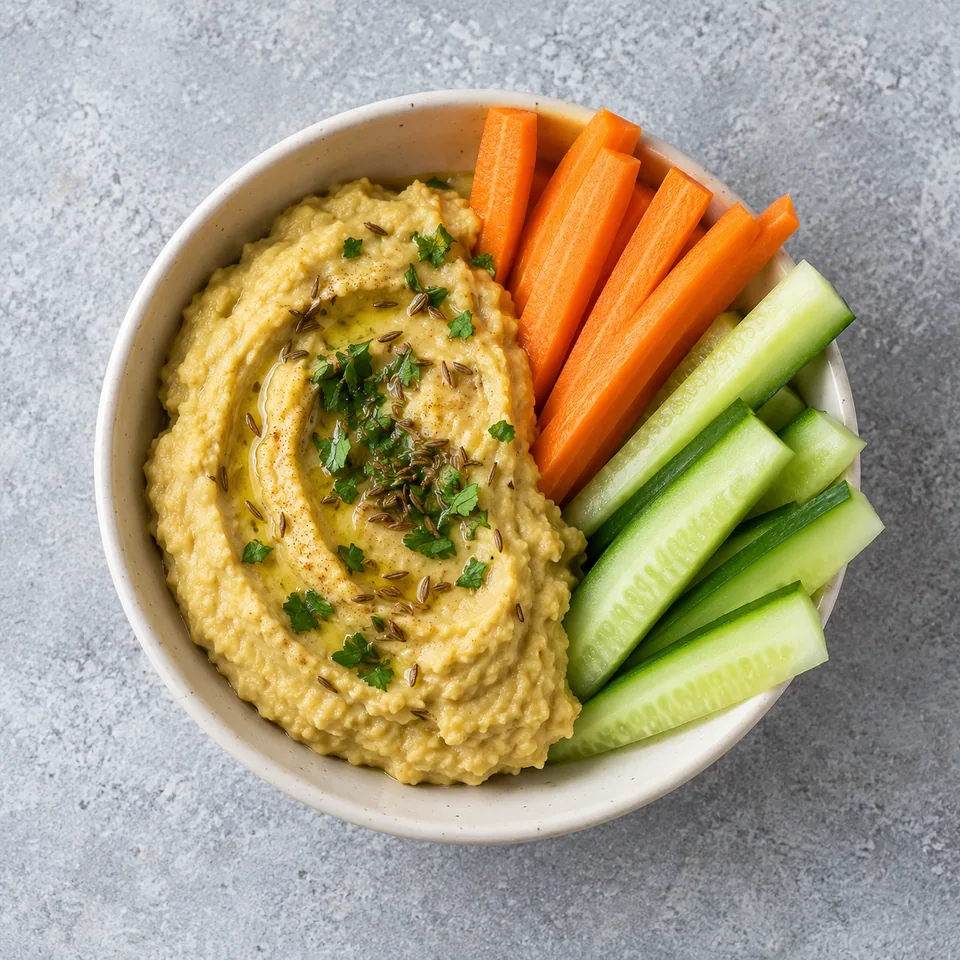 Tartinade de pois cassés au cumin et crudités : bol de purée beige avec bâtonnets de carottes et concombre.