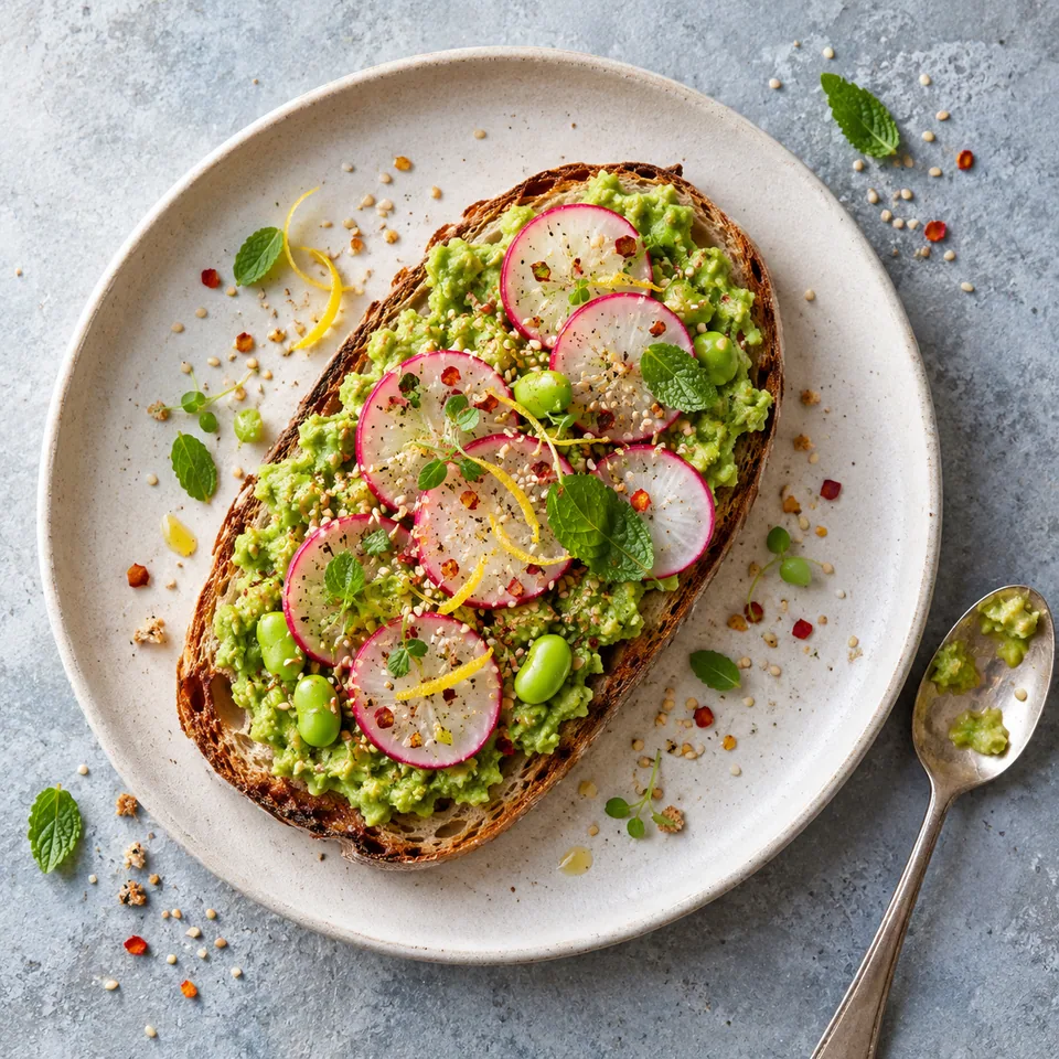 Tartine d’edamame sur pain grillé, garnie de radis roses et de sésame sur assiette blanche.