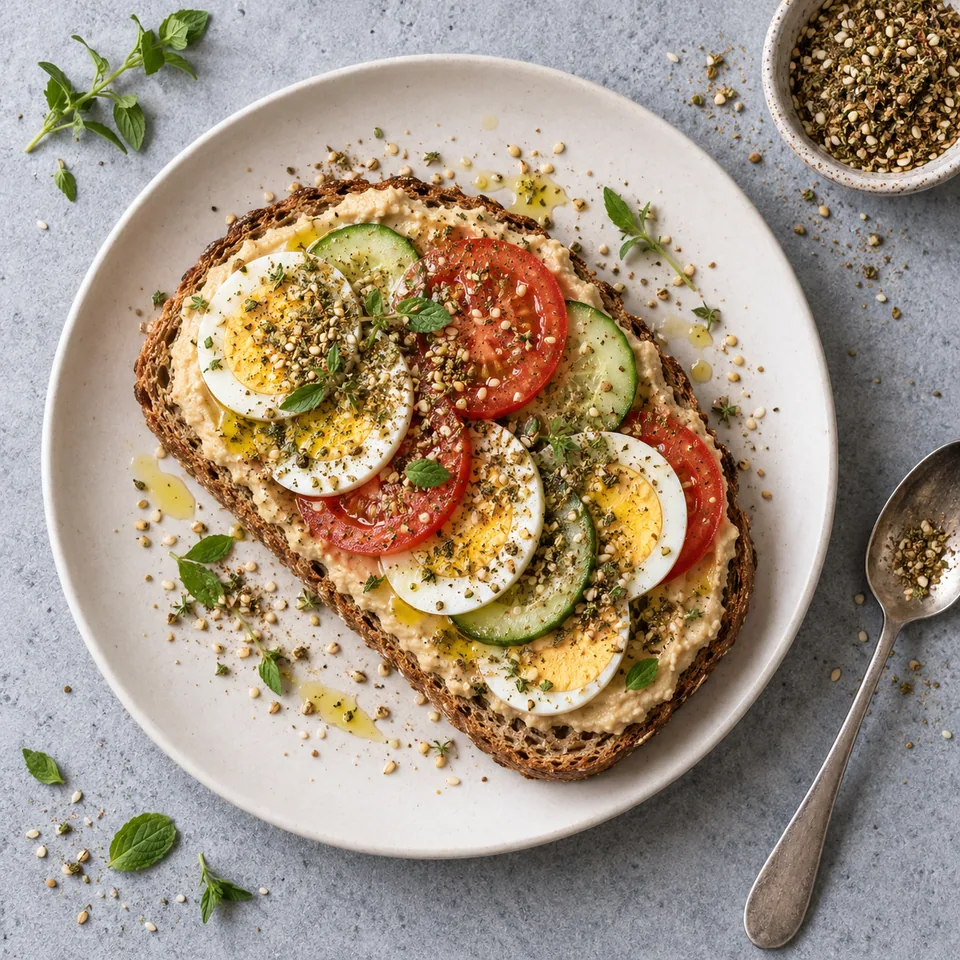 Tartine de houmous, œuf dur, tomate et zaatar sur pain complet grillé, vue de dessus.
