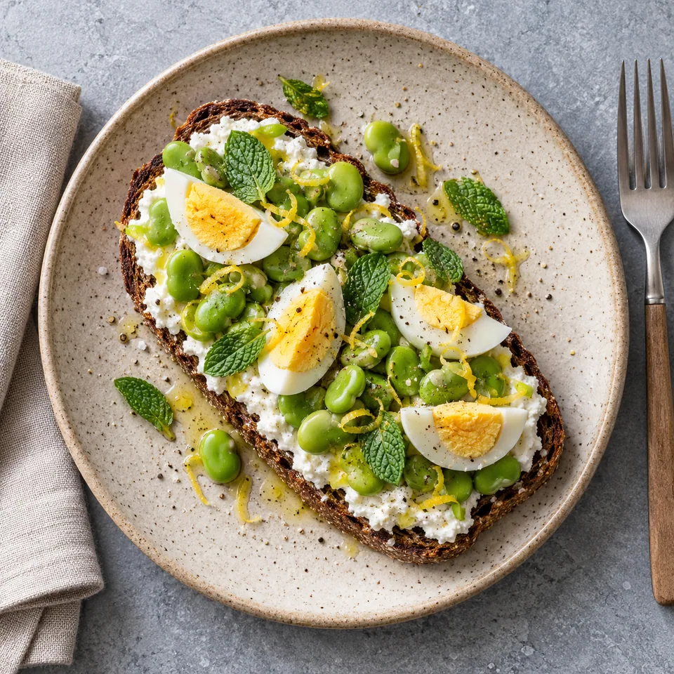 Tartine de seigle à la ricotta, fèves et menthe sur assiette beige moucheté