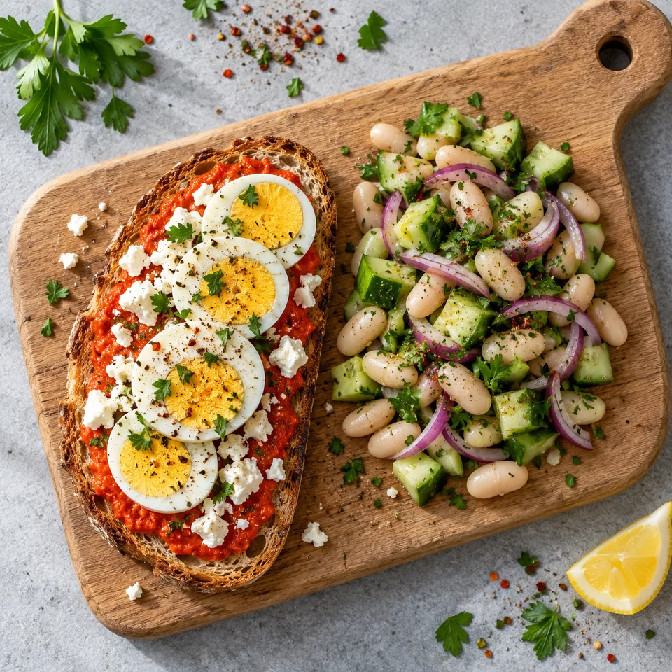 Tartines à l’ajvar, feta et œufs durs : pain grillé garni de feta et œuf, accompagné d'une salade de haricots blancs et concombre.