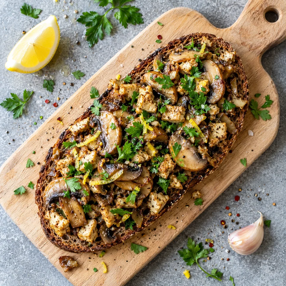 Tartine de pain de seigle aux champignons et tofu fumé sur planche en bois, parsemée de persil.
