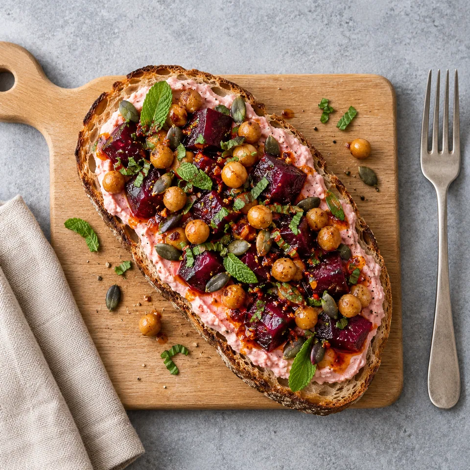 Tartine de ricotta, betterave et harissa sur pain au levain, garnie de menthe et graines de courge.