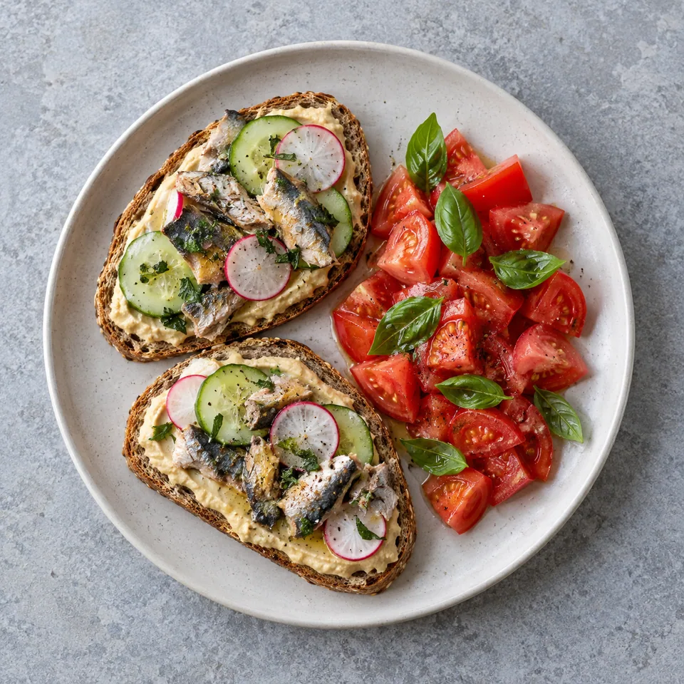 Tartines de sardines, houmous et crudités : deux tartines garnies, accompagnées d’une salade de tomates au basilic.