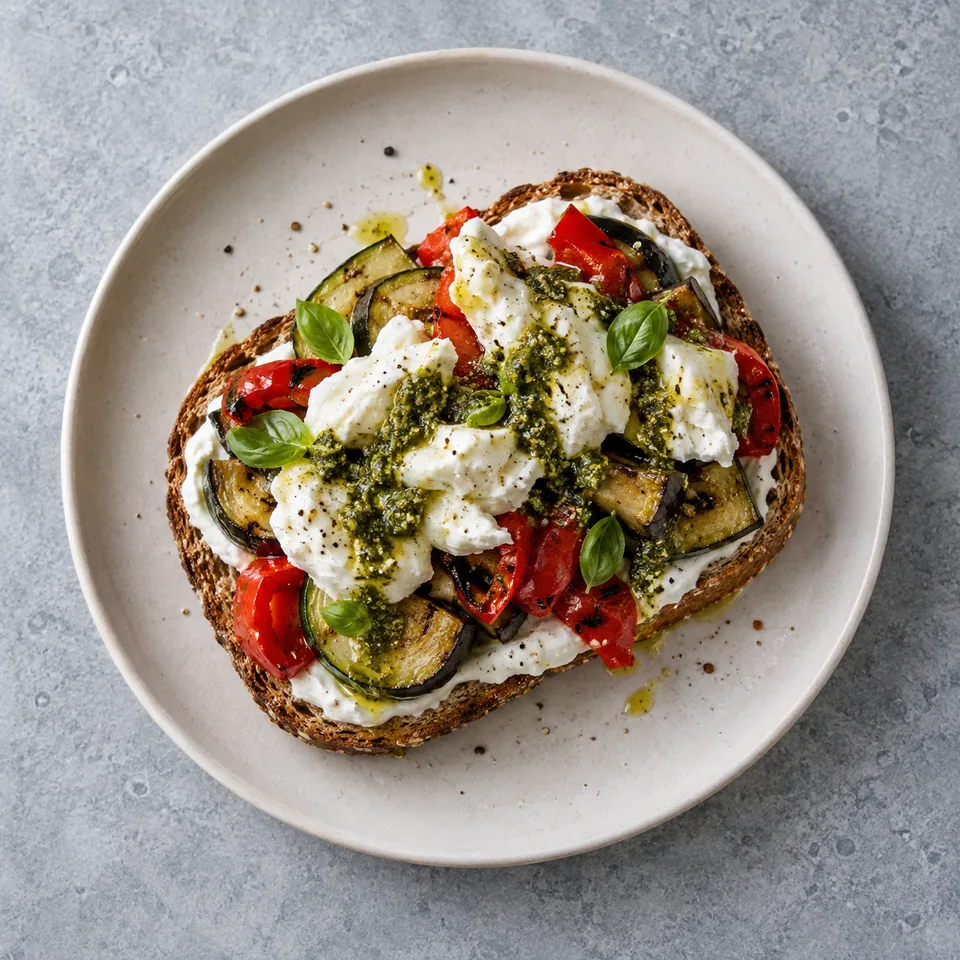 Tartine de skyr, burrata et légumes grillés : pain complet garni de légumes colorés, burrata et pesto.