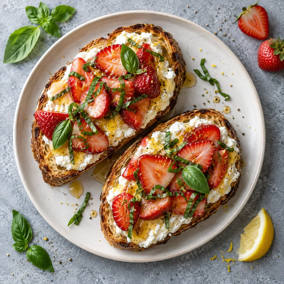 Tartines ricotta, fraises et basilic : pain grillé doré, ricotta blanche, lamelles de fraises rouges et basilic vert, nappé de miel, sur assiette blanche.