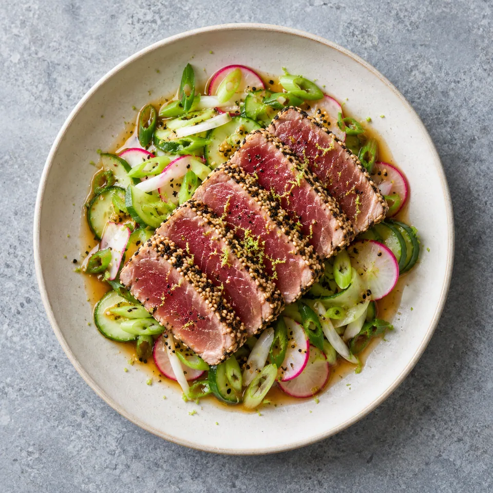Tataki de thon au sésame : tranches de thon rosé enrobées de sésame sur salade de légumes verts et roses, nappée de sauce ponzu.