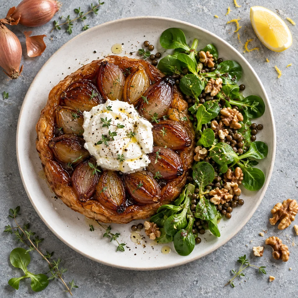 Tatin d'échalotes dorée avec chèvre frais et salade de mâche sur assiette blanche.