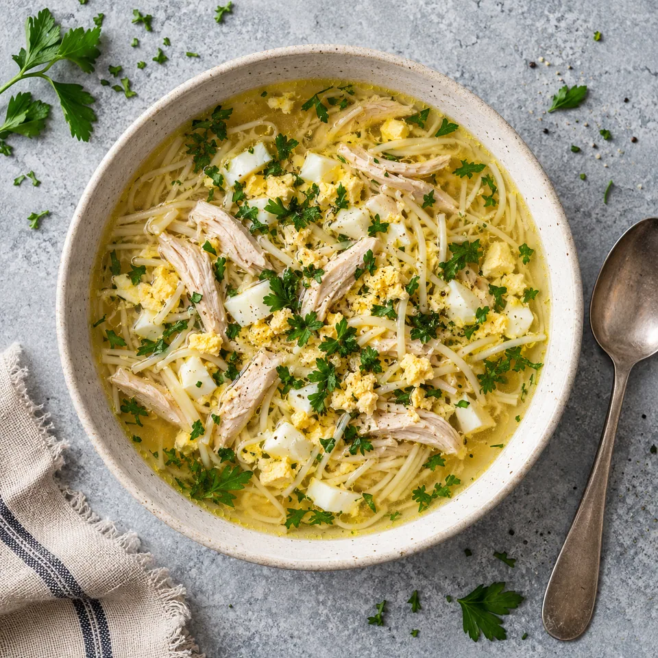Tavuk suyu, soupe turque au poulet dans un grand bol, avec poulet effiloché, vermicelles et œufs brouillés.
