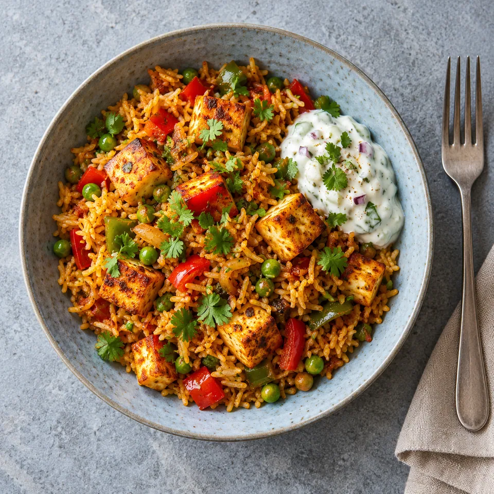 Assiette creuse bleu-gris contenant du riz tawa pulao aux dés de paneer dorés, poivrons rouges, petits pois verts et quenelle de raïta blanche.