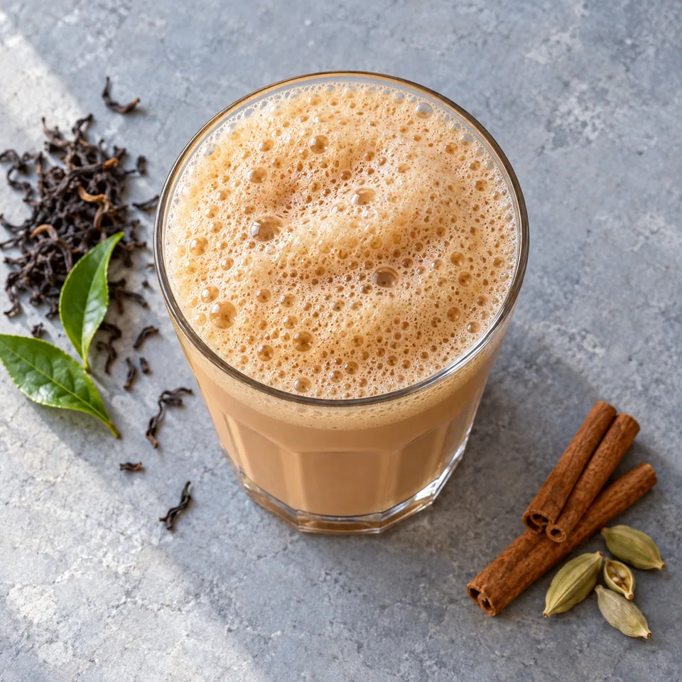 Teh tarik, thé au lait mousseux : une portion dans un verre transparent avec une mousse épaisse et onctueuse de couleur caramel.
