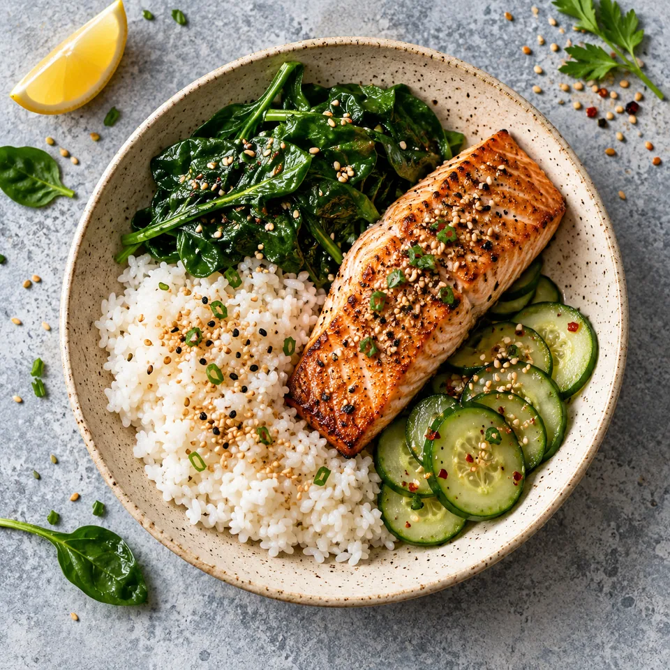 Teishoku du matin : saumon grillé, riz saupoudré de sésame, épinards et rondelles de concombre sur assiette beige.