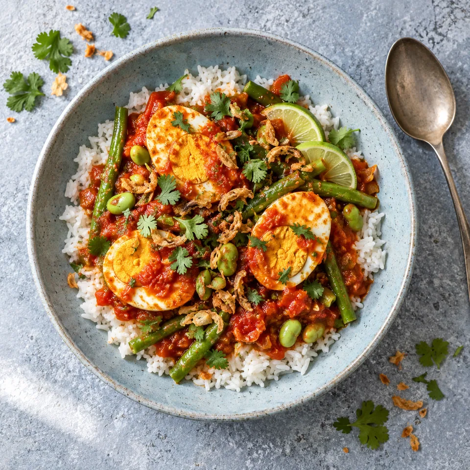 Assiette creuse bleu-gris avec riz, œufs durs dorés, légumes verts et sauce tomate rouge brillante.