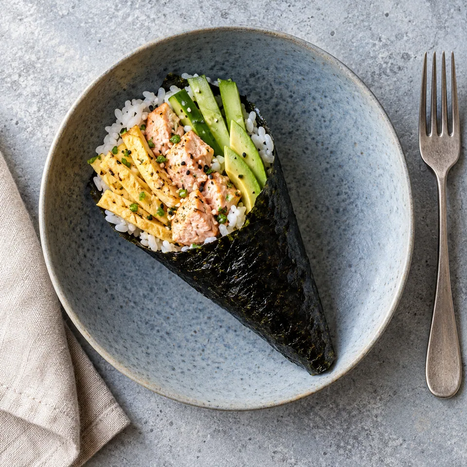 Temaki au saumon cuit, omelette et légumes, servi dans un cornet de nori sur une assiette bleue.