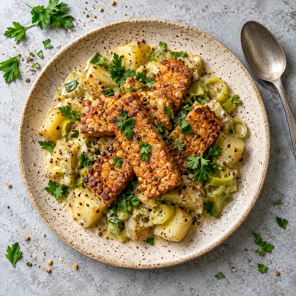 Tempeh aux poireaux fondus et moutarde : tempeh doré sur pommes de terre et poireaux sauce moutarde, parsemé de persil.