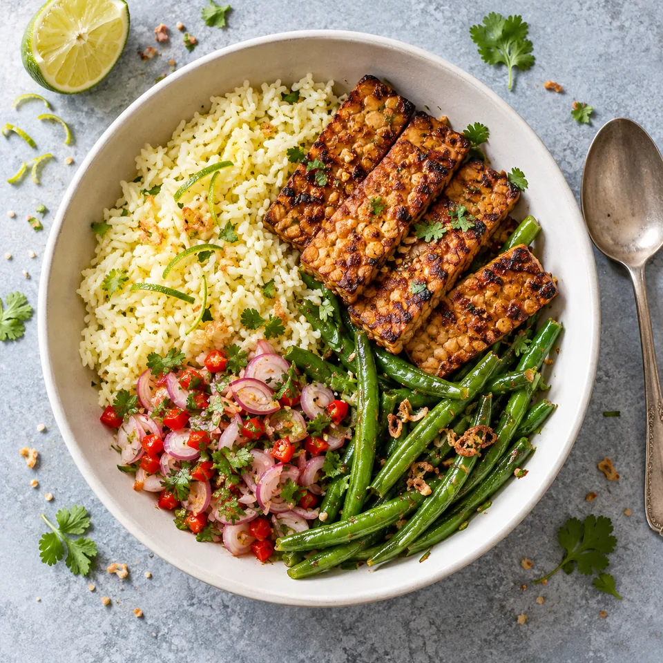 Bol de riz citronné, tempeh grillé doré et haricots verts, nappé de sambal matah coloré aux échalotes et poivrons rouges.