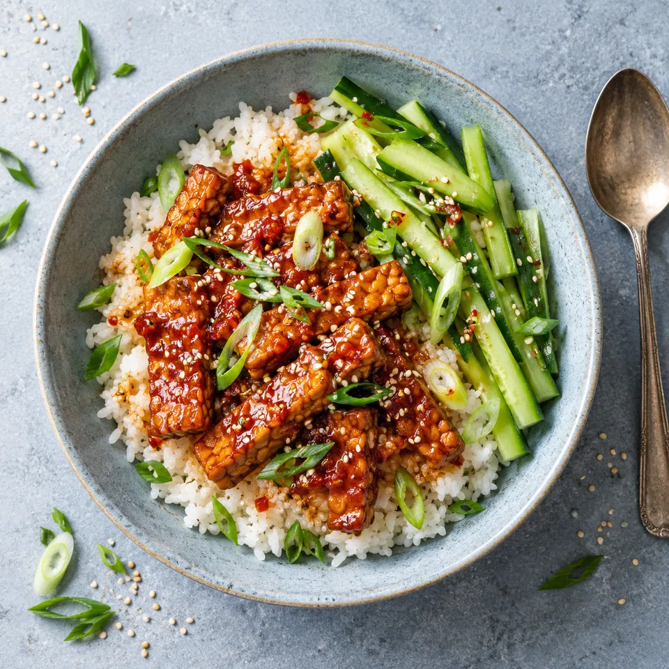 Tempeh laqué coréen sur riz avec concombre, sauce brillante et sésame dans une assiette bleu-gris.