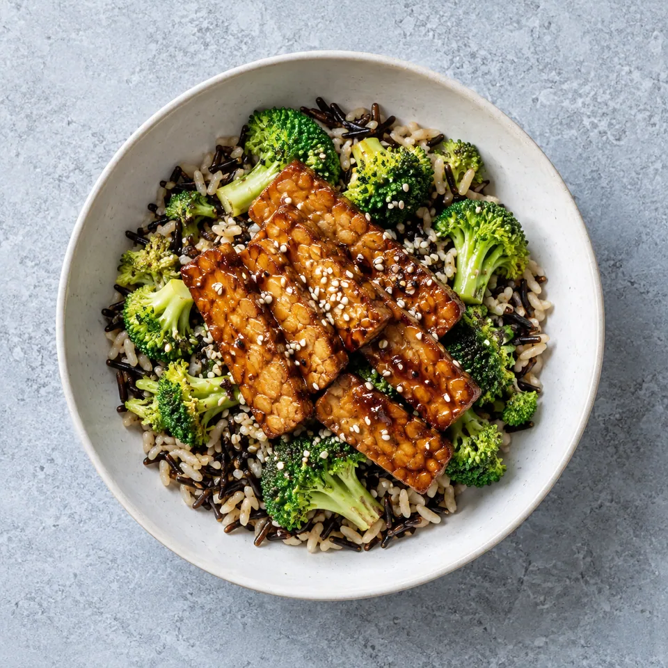 Tempeh laqué, riz sauvage et brocoli : tempeh doré en tranches, riz, brocoli vapeur et graines de sésame.