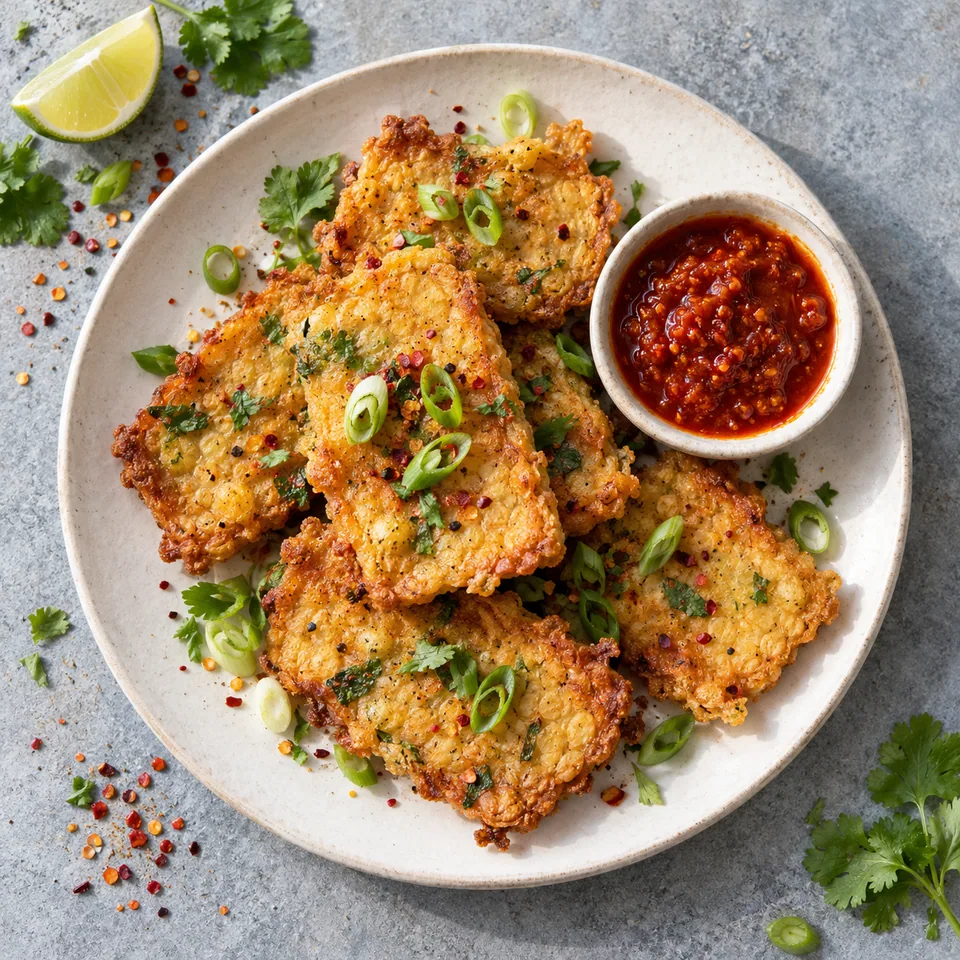 Tempeh mendoan épicé : tranches dorées et croustillantes parsemées de ciboule verte, servies avec sauce harissa rouge sur assiette blanche.