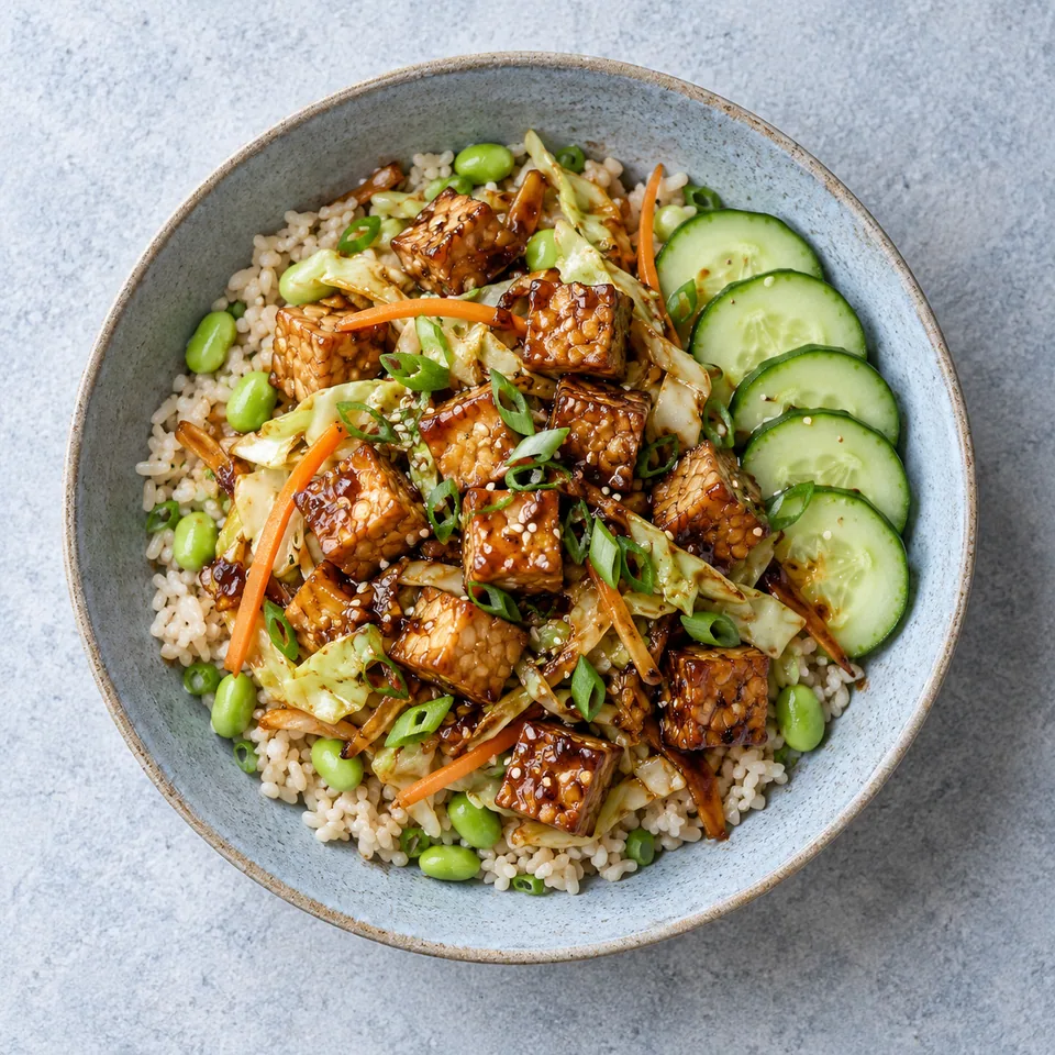 Assiette de tempeh sauté au chou et sauce soja sucrée, servi sur riz et fèves de soja avec concombre frais.