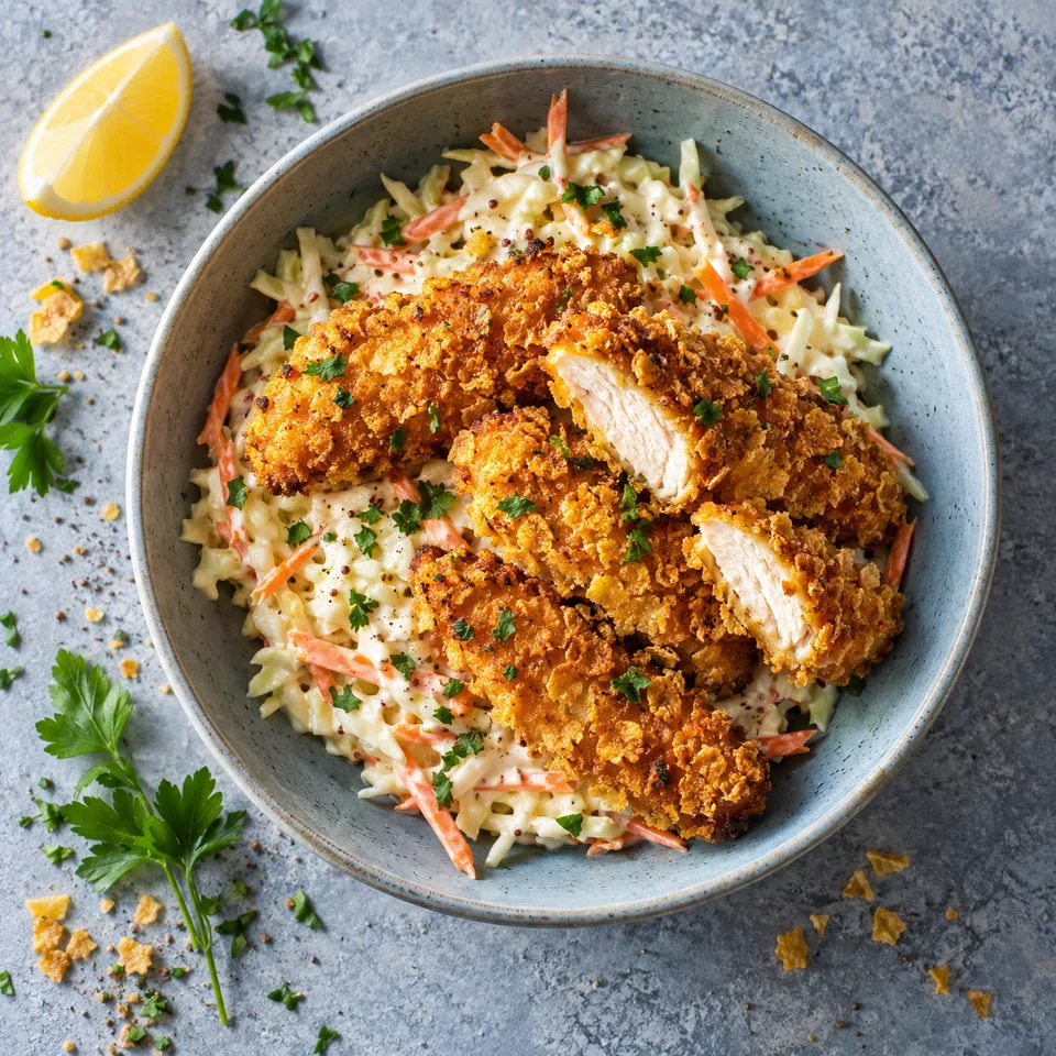 Tenders croustillants aux corn flakes et coleslaw crémeux sur assiette grise