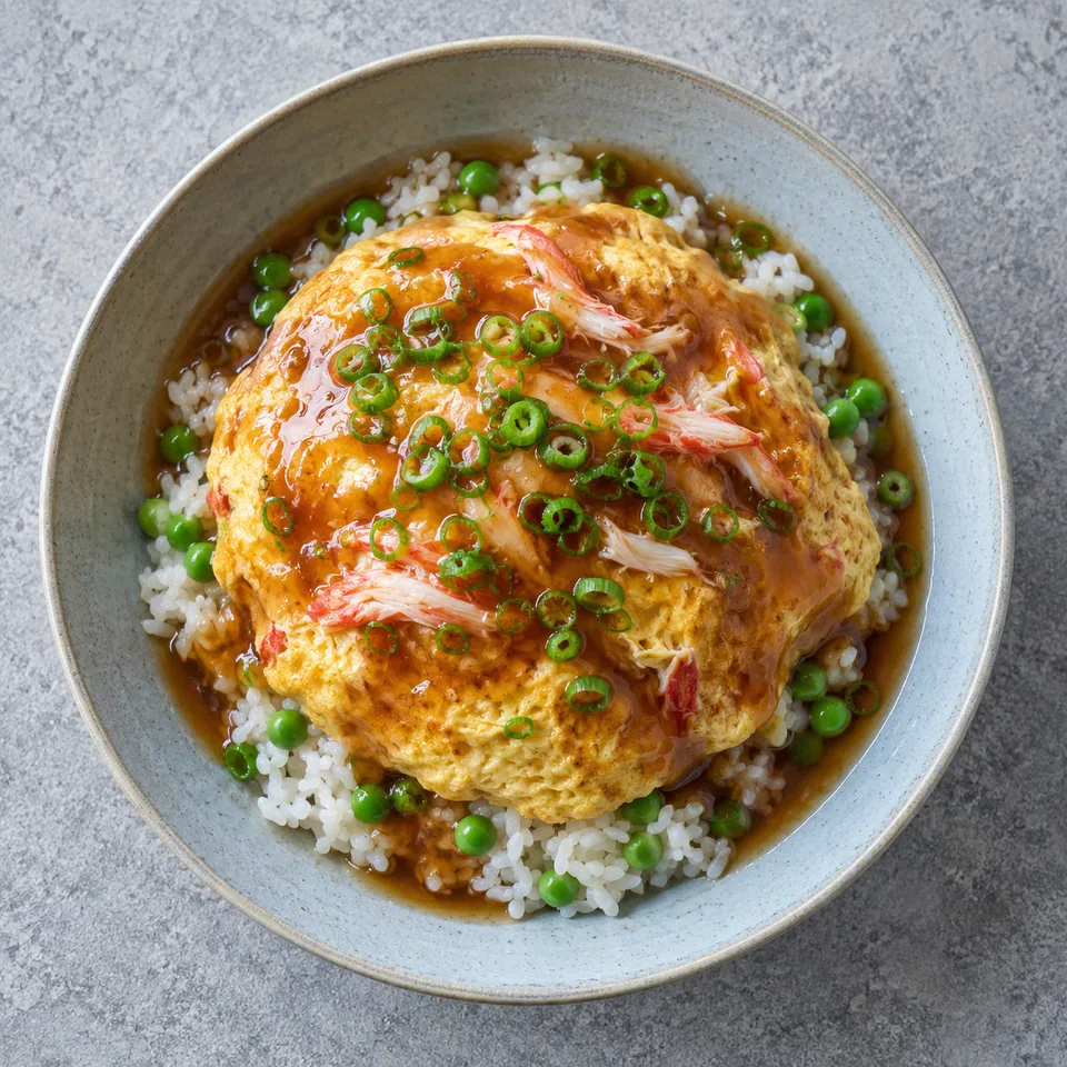 Tenshinhan : omelette au crabe sur riz, nappée de sauce brillante et parsemée de ciboule, servie dans une assiette creuse bleu-gris.