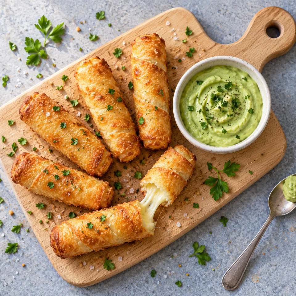 Tequeños à l’air fryer dorés et croustillants sur planche en bois, servis avec sauce avocat vert dans un petit bol blanc cassé.