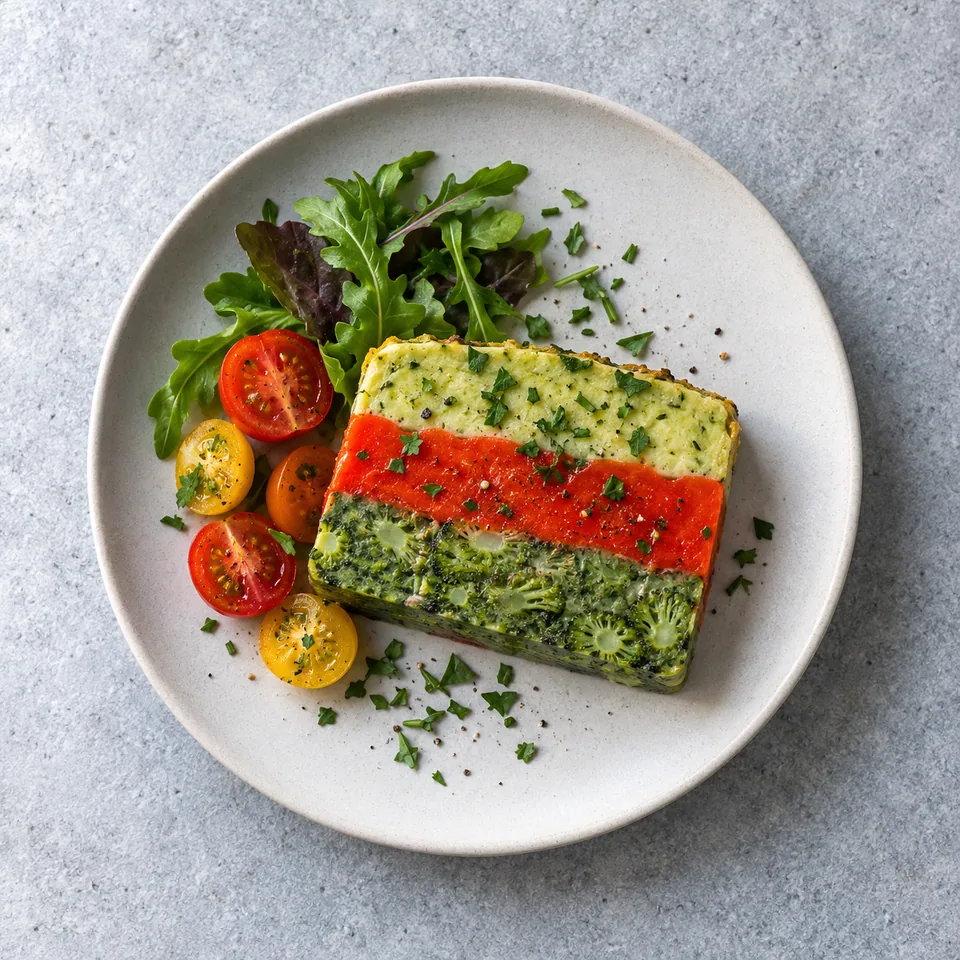 Tranche de terrine tricolore poivrons-brocoli aux couches rouge, verte et vert clair, garnie d'herbes.