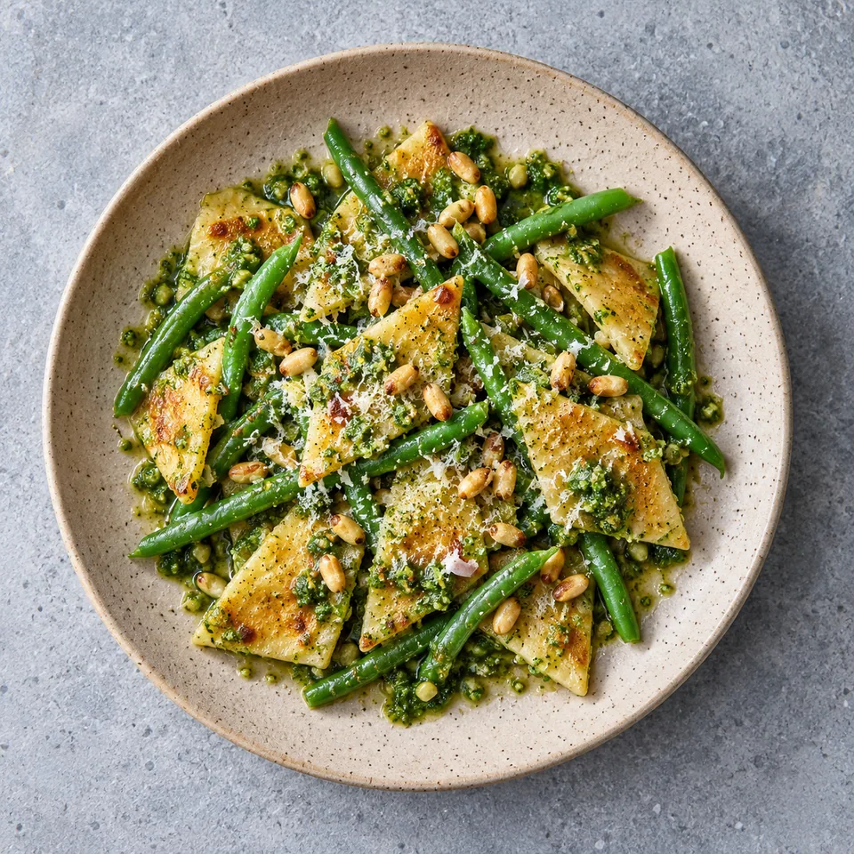 Testaroli au pesto et haricots verts : losanges de pâte, haricots verts et sauce verte brillante sur assiette grès.