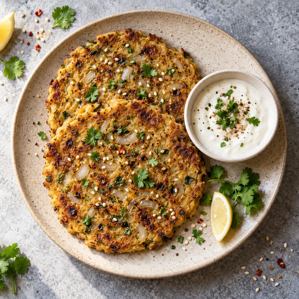 Thalipeeth : deux galettes indiennes dorées à l'oignon servies avec un bol de yaourt de soja sur une assiette beige moucheté.