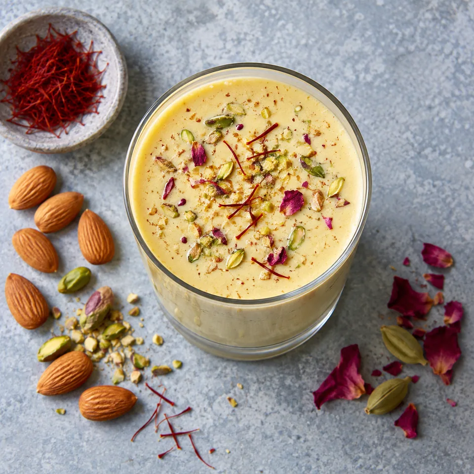 Un grand verre transparent rempli de Thandai, un lait épicé beige doré et onctueux, vu de dessus.