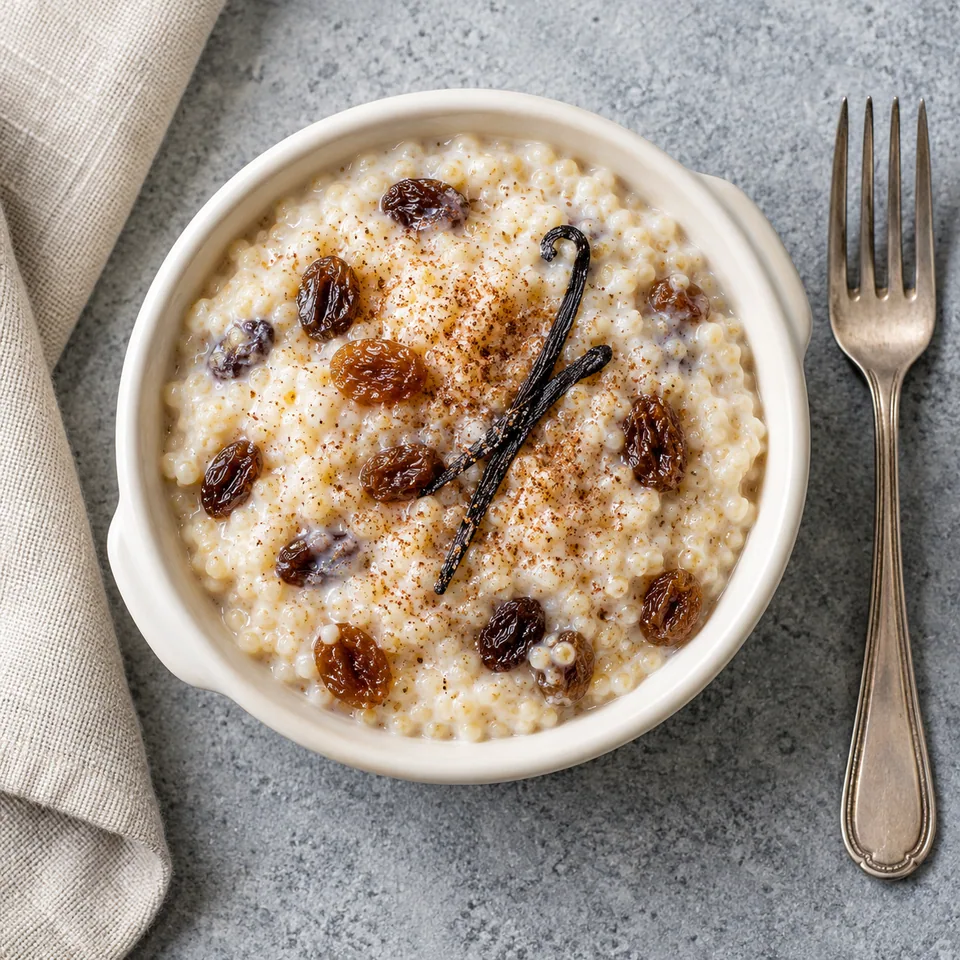 Thiakry, millet au yaourt vanillé et muscade : portion crémeuse blanche avec raisins secs dans un ramequin blanc cassé.