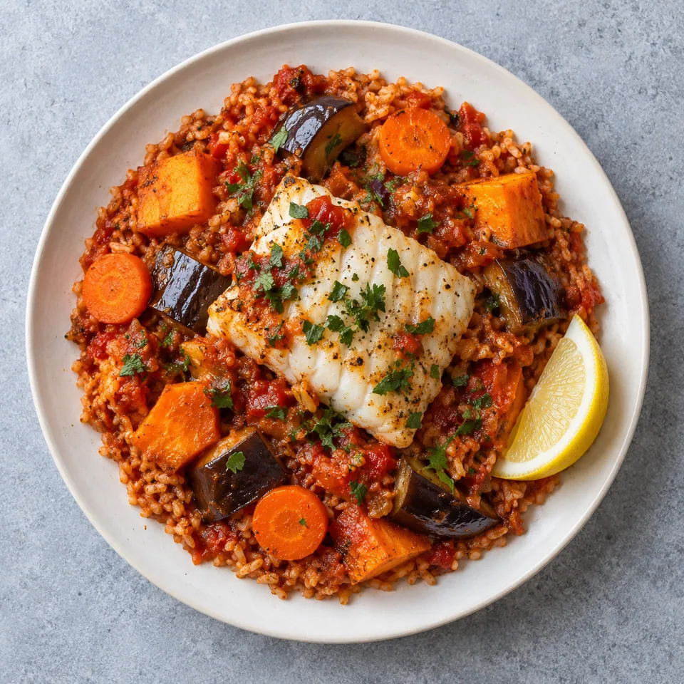 Thiéboudienne revisitée au cabillaud : riz, légumes colorés et poisson blanc sur assiette blanche.