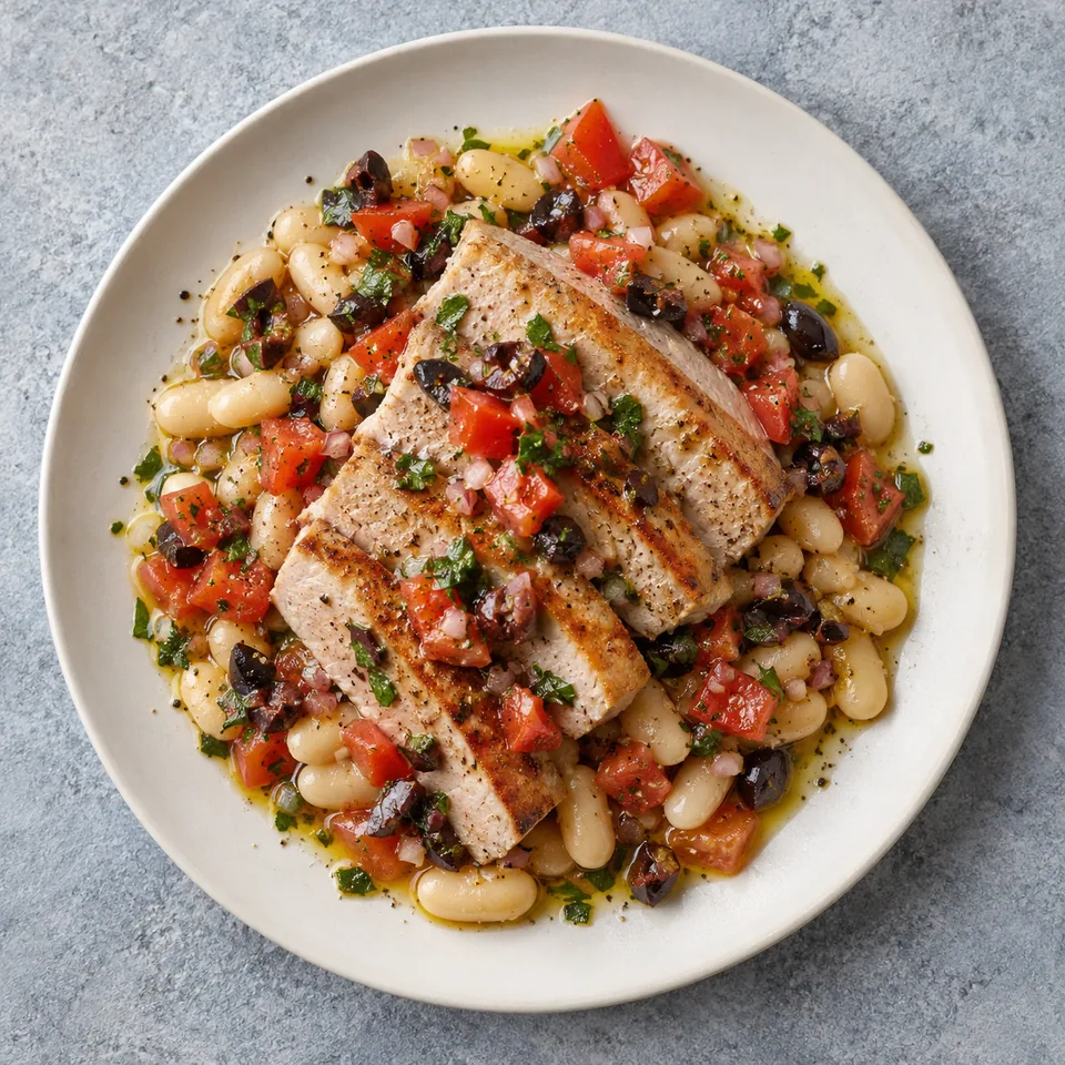 Assiette de thon poêlé bien cuit tranché sur haricots blancs, nappé de sauce vierge aux tomates et olives.