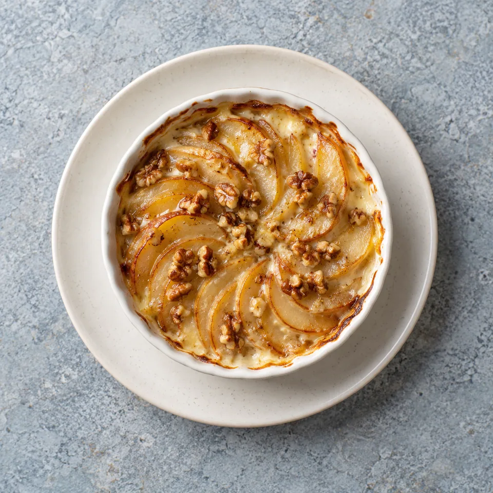 Tian de poires aux noix : deux ramequins avec tranches de poires cuites, crème et noix concassées.