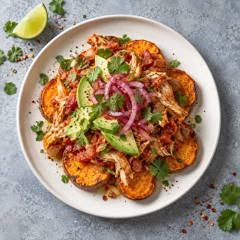 Tinga de poulet sur patate douce rôtie : rondelles dorées, poulet épicé, avocat et coriandre sur assiette blanche.