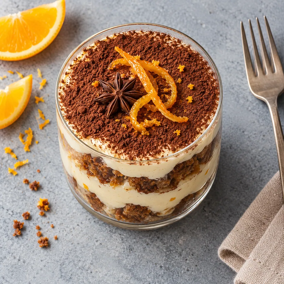 Tiramisu à l'orange dans une verrine : couches de pain d'épices et crème au mascarpone, nappé de cacao en poudre.