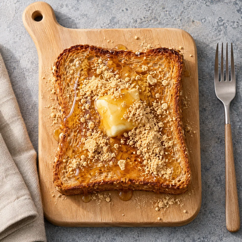 Toast au kinako et au miel sur planche en bois, pain doré croustillant nappé de miel et saupoudré de poudre de soja.