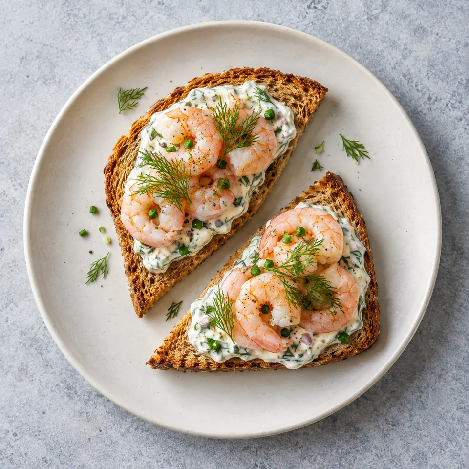 Toast suédois aux crevettes et à l’aneth : deux toasts dorés garnis de sauce crémeuse verte et de crevettes roses sur une assiette blanche.