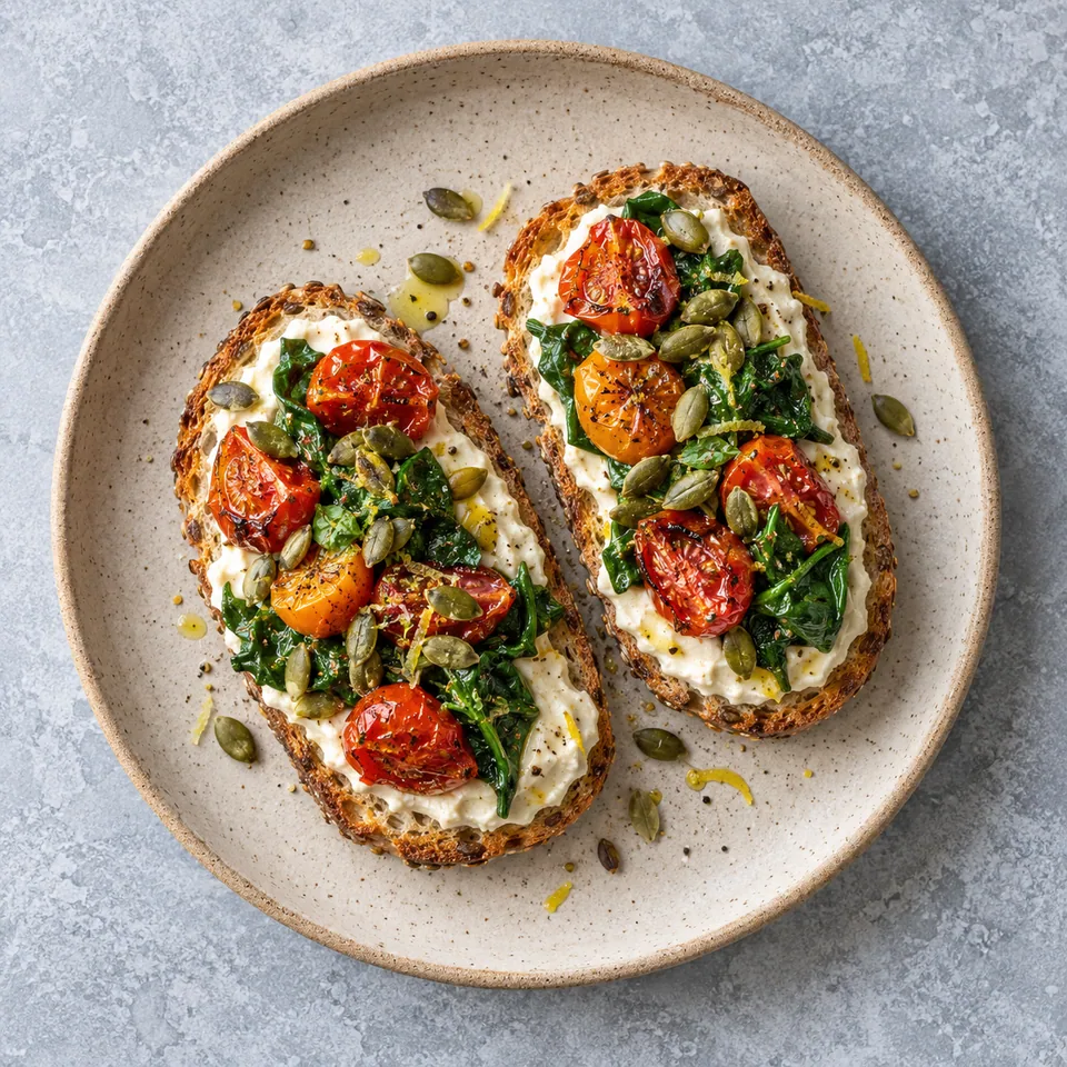 Toasts au tofu citronné, épinards et tomates rôties sur assiette beige.
