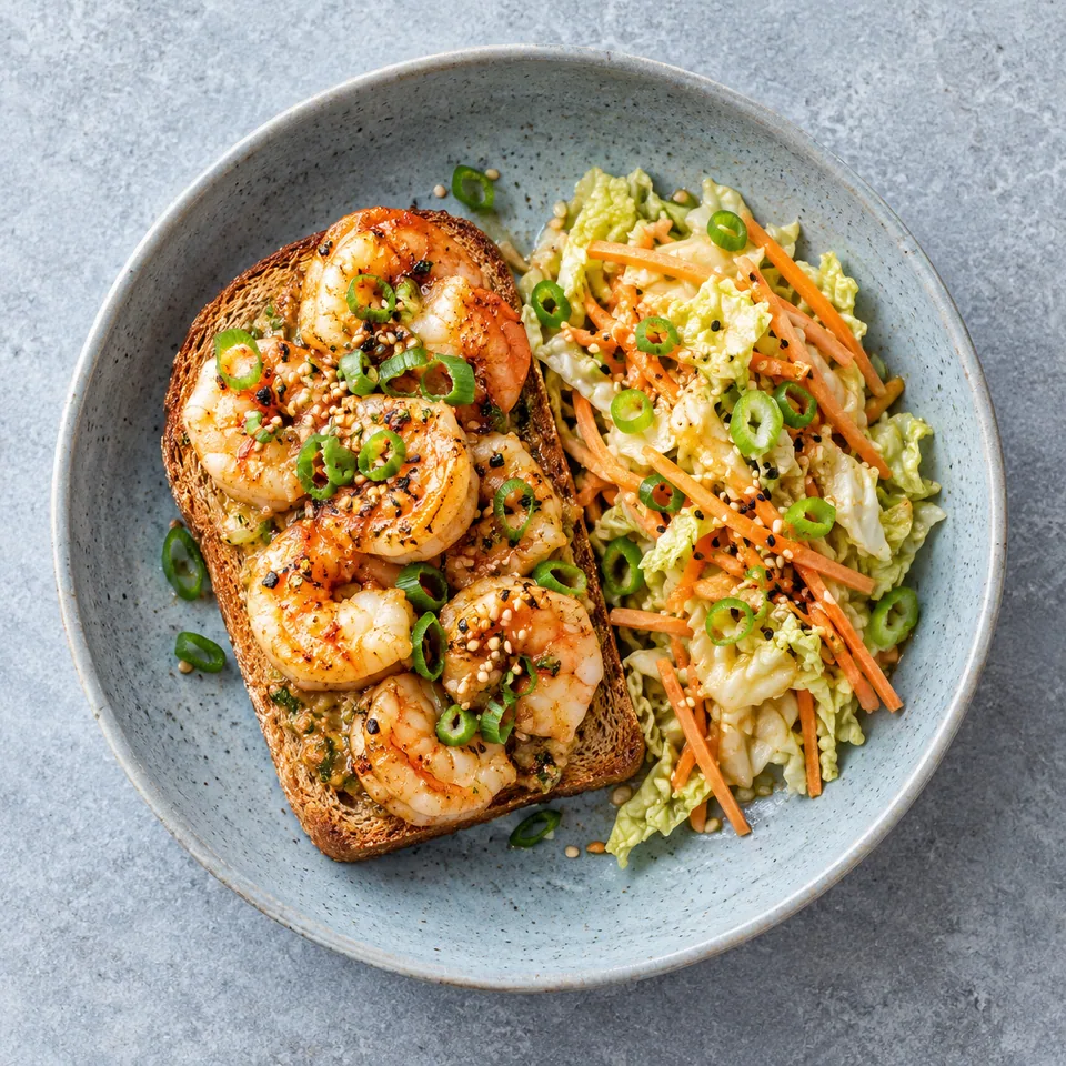 Toast aux crevettes et sésame croustillant avec salade de chou et carottes sur assiette bleue.